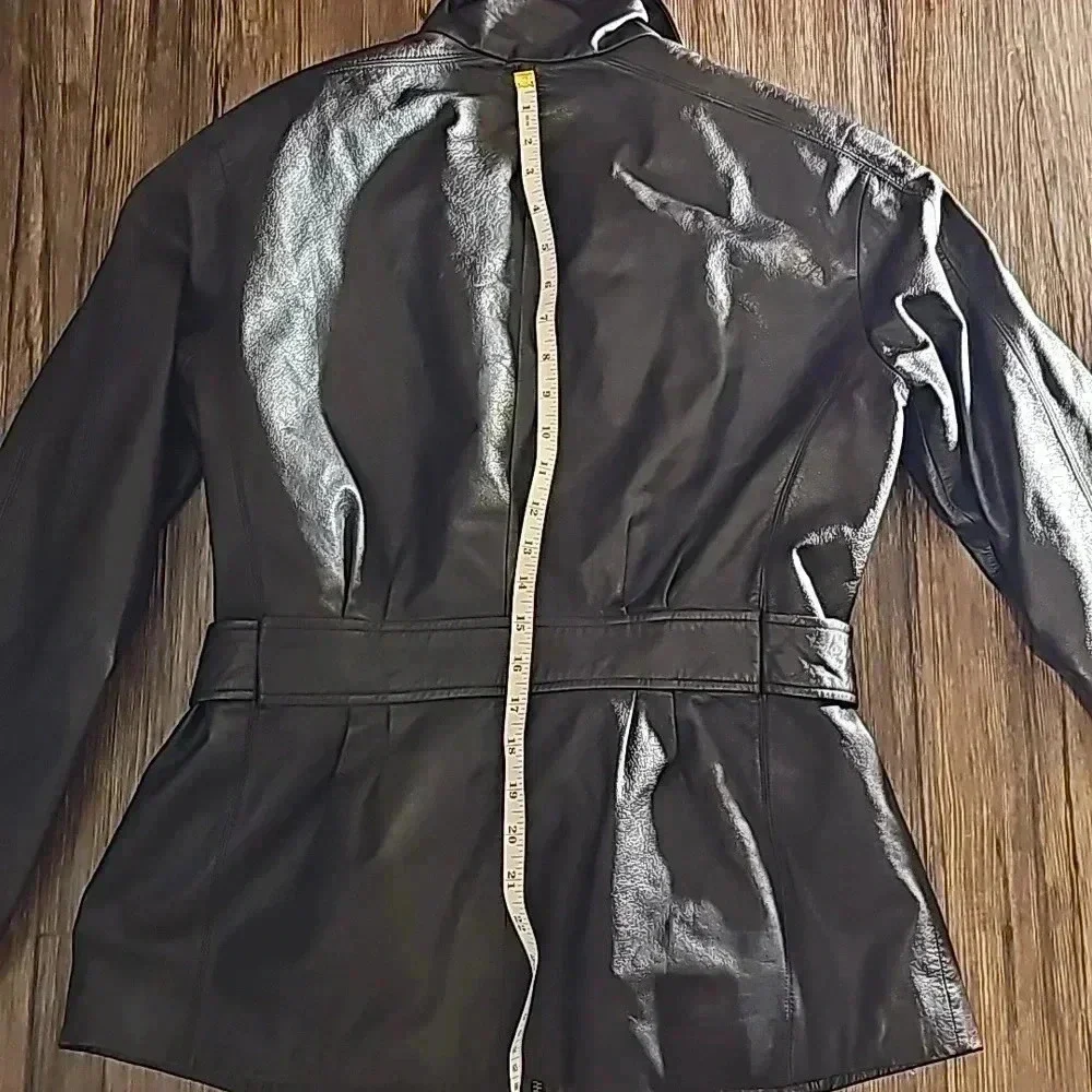 Womens Preston & York Black Leather Trench Moto Jacket Sz Petite Medium - Picture 5 of 7